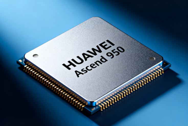 Ascend 950 chip close-up showing precision manufacturing