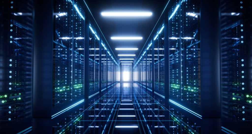Modern AI data center interior with server corridors