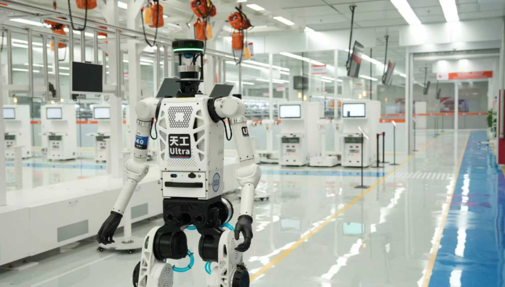 The robot features a white body with black joints, a distinctive blue light ring on its head, and Tiangong Ultra markings on its chest. The fact