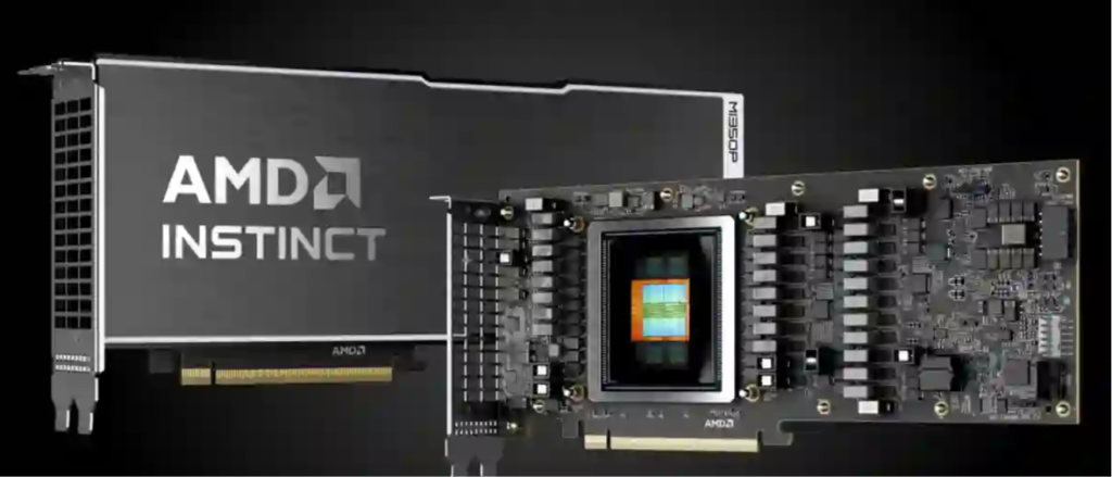 AMD Instinct MI350P PCIe accelerator card with assembled heatsink and bare PCB