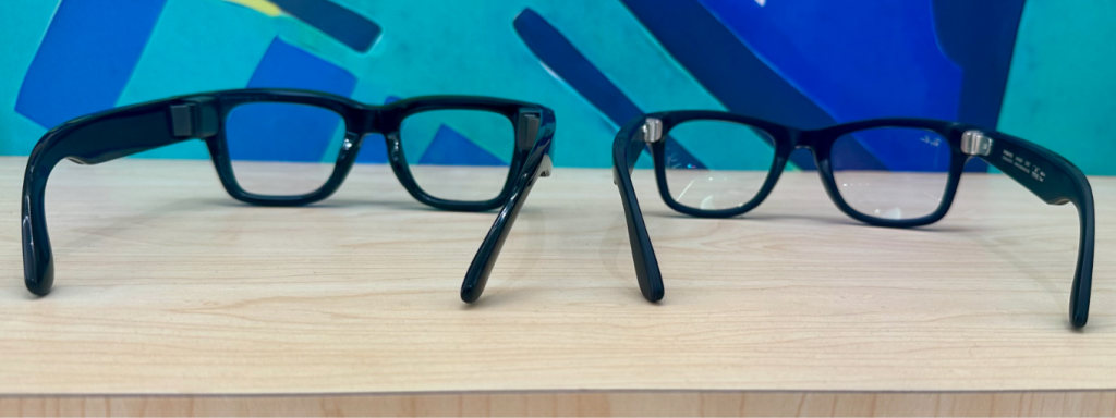 Comparison of two Ray-Ban Meta smart glasses styles, illustrating the range of frame options available across the Wayfarer, Headliner, and Skyler lineups.