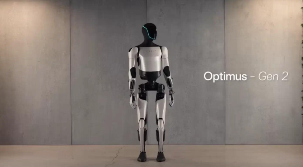 Tesla Optimus robot with sci-fi aesthetic, presenting precision mechanical structure