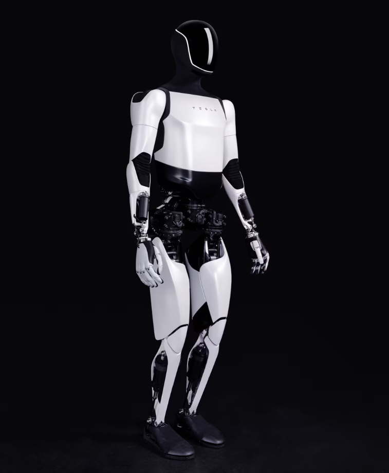 Tesla Optimus humanoid robot display, showcasing its sleek and streamlined design
