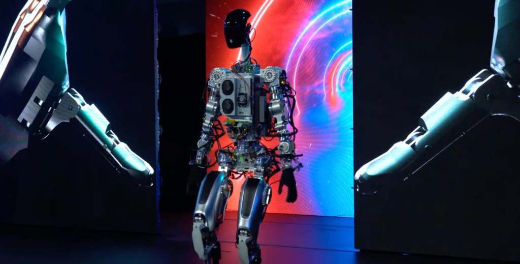 Tesla Optimus robot with sci-fi aesthetic, presenting precision mechanical structure