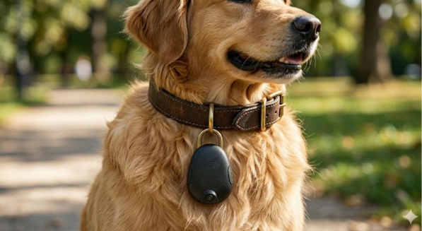 Auren AI pet wearable device attached to golden retriever collar front view