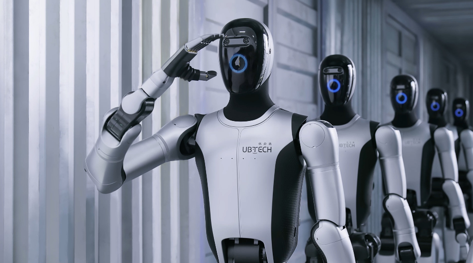 UBTECH 2026 humanoid robot production line with multiple robots in corridor